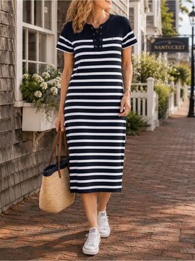 NWOT Tommy Hilfiger Navy & White Striped Lace-Up Midi Dress